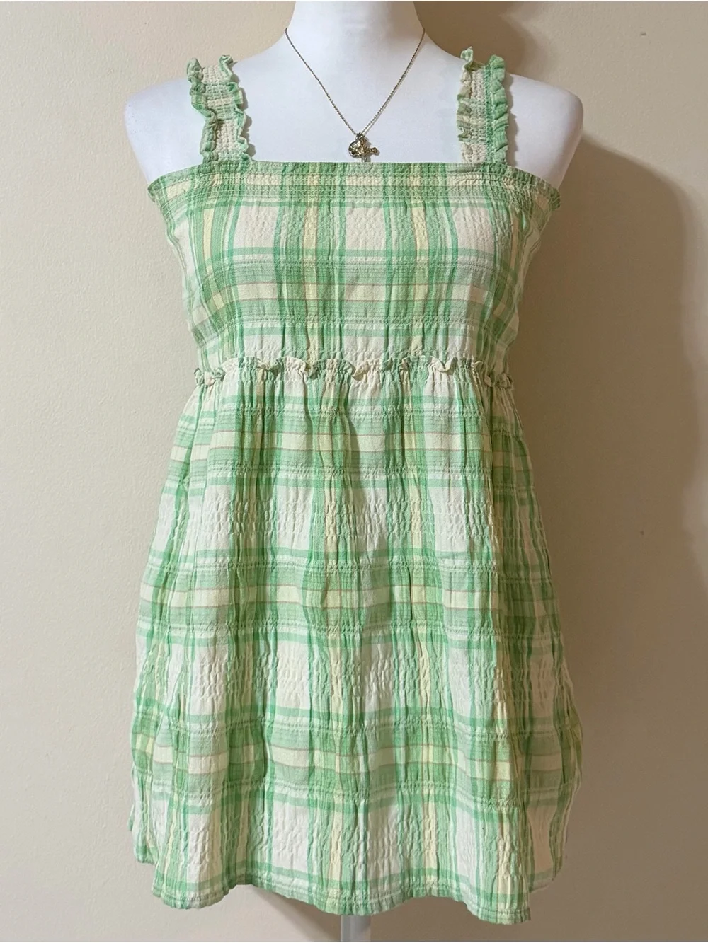 2000s whimsical green plaid KIDS mini dress with ruffle straps and smocked waist